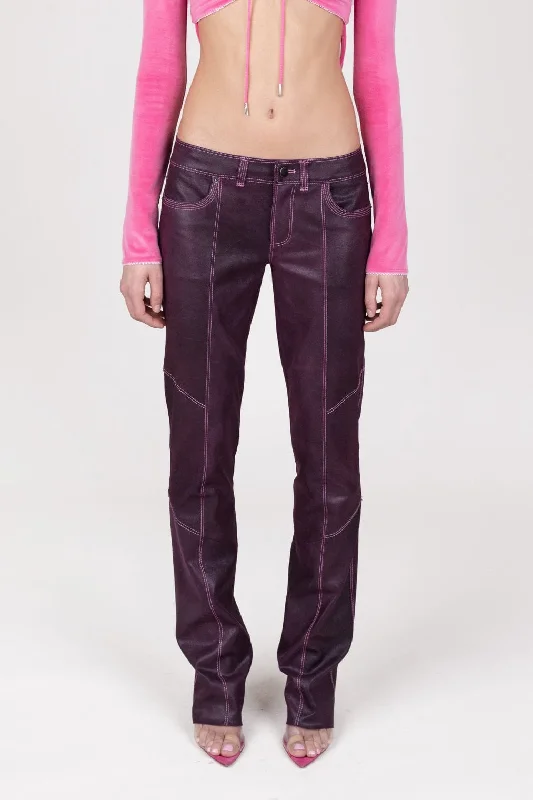 Plum Paneled Leather Stretch Leather Pants