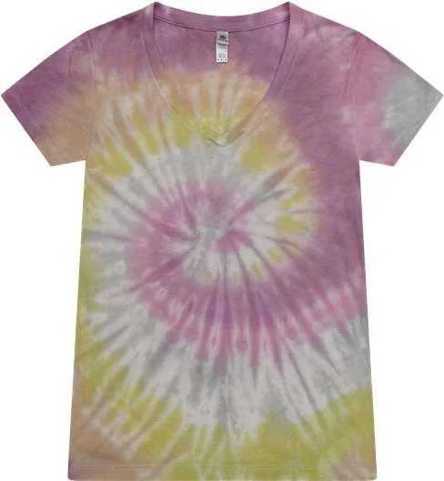 Colortone 1075 Women's Tie-Dyed V-Neck T-Shirt - Desert Rose