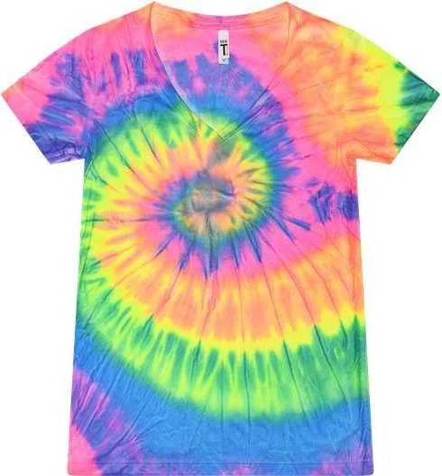 Colortone 1075 Women's Tie-Dyed V-Neck T-Shirt - Neon Rainbow