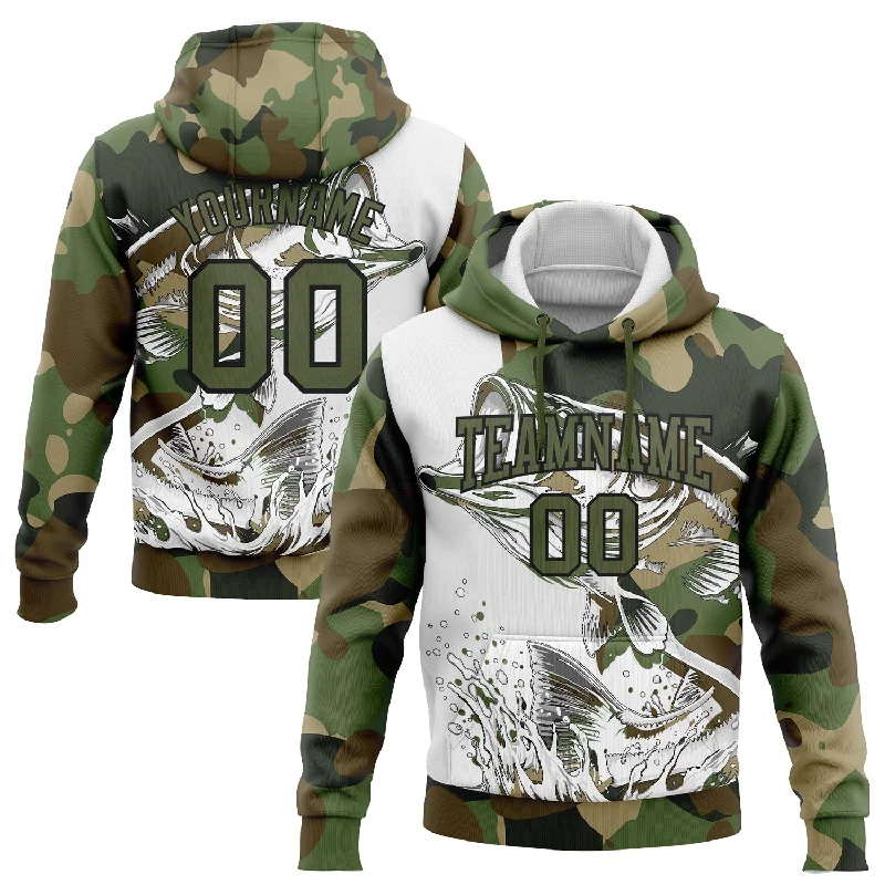 Custom Stitched Camo Olive-Black 3D Largemouth Bass Fish Fishing Sports Pullover Sweatshirt Hoodie