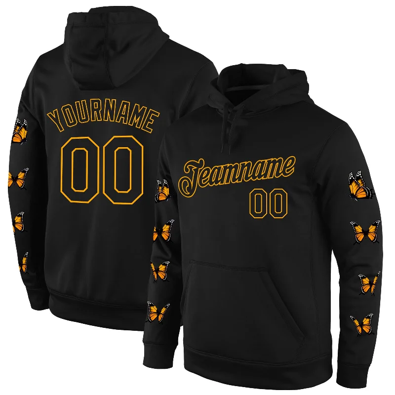 Custom Stitched Black Black-Gold 3D Pattern Design Butterfly Sports Pullover Sweatshirt Hoodie