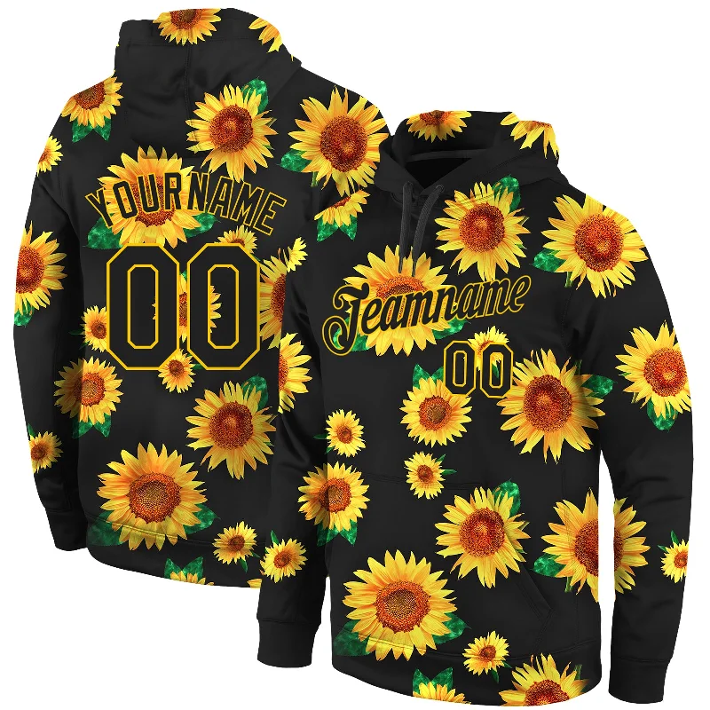 Custom Stitched Graffiti Pattern Black-Gold 3D Sunflowers Sports Pullover Sweatshirt Hoodie