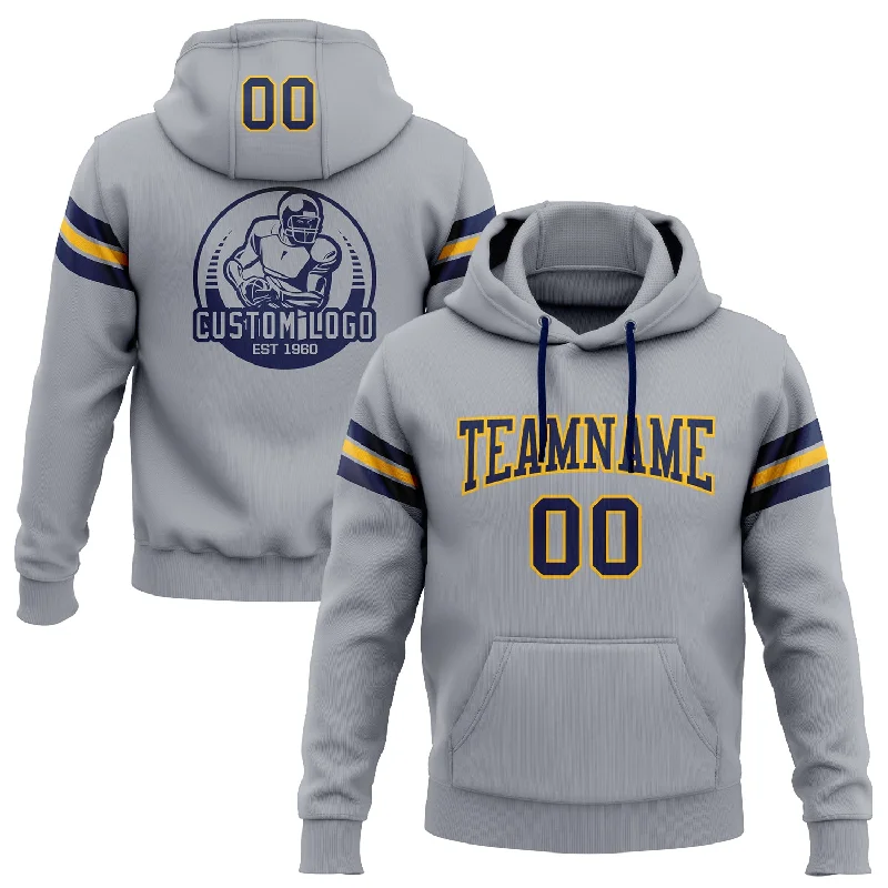 Custom Stitched Gray Navy-Gold Football Pullover Sweatshirt Hoodie