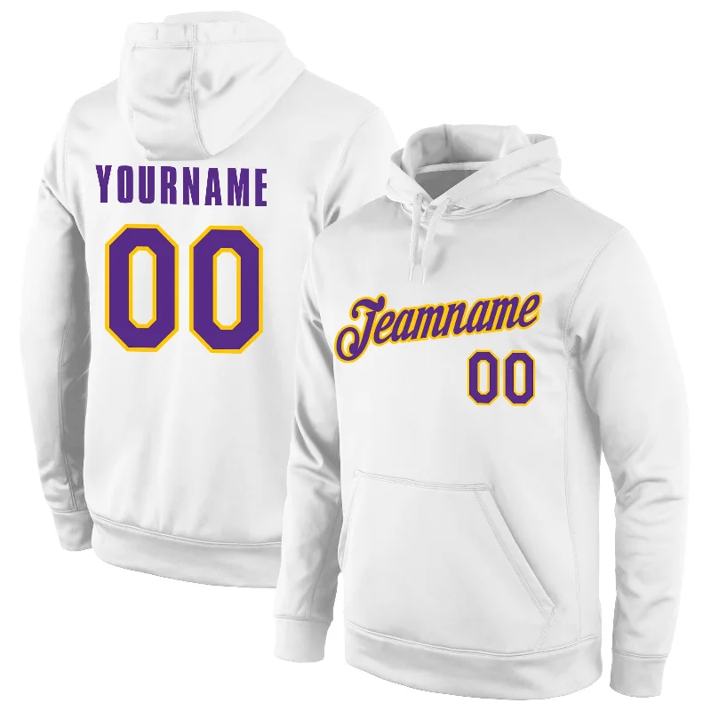 Custom Stitched White Purple-Gold Sports Pullover Sweatshirt Hoodie