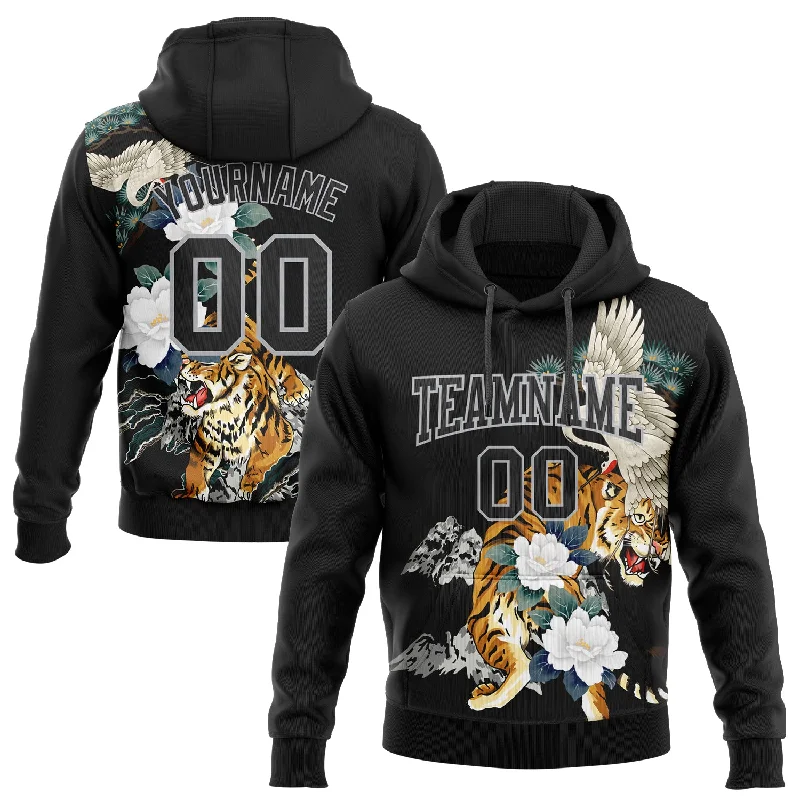 Custom Stitched Black Gray 3D Pattern Design Crane And Tiger Sports Pullover Sweatshirt Hoodie