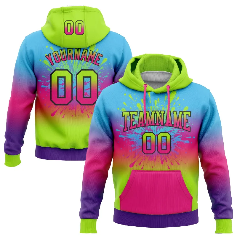 Custom Stitched Sky Blue Neon Green Hot Pink Purple-Black Fade Fashion Splash Sports Pullover Sweatshirt Hoodie