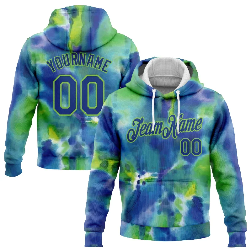 Custom Stitched Tie Dye Royal-Neon Green 3D Abstract Style Sports Pullover Sweatshirt Hoodie