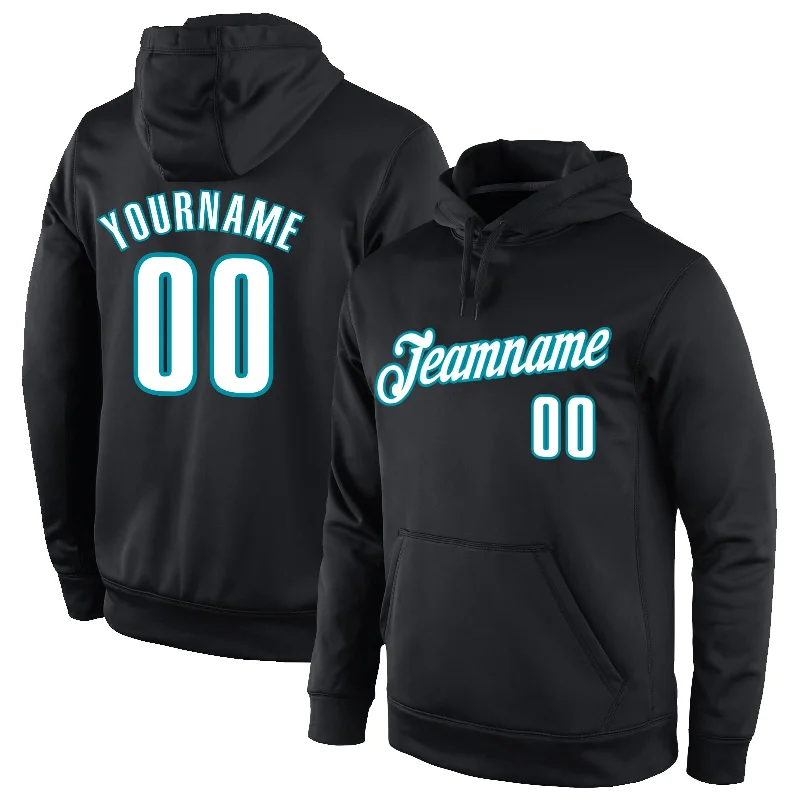 Custom Stitched Black White-Teal Sports Pullover Sweatshirt Hoodie