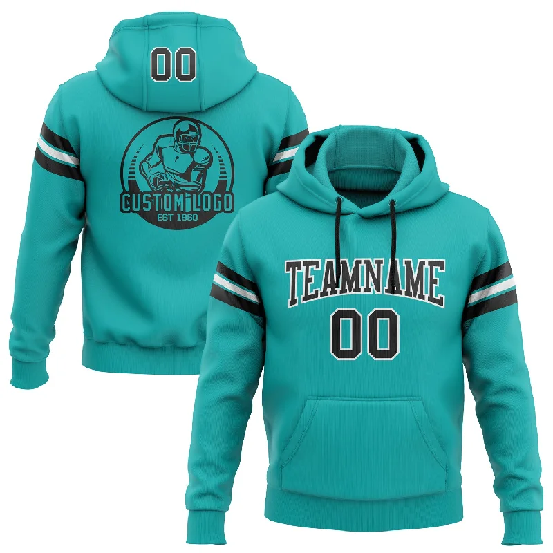 Custom Stitched Aqua Black-White Football Pullover Sweatshirt Hoodie