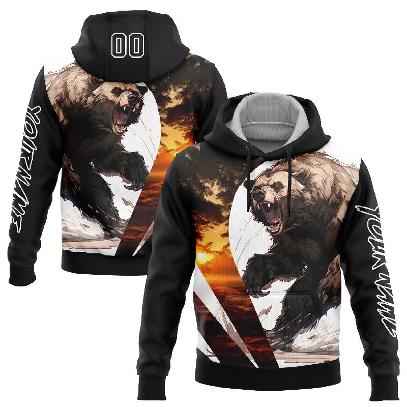 Custom Stitched Black White 3D Bear Hunting Sports Pullover Sweatshirt Hoodie