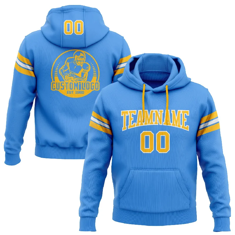 Custom Stitched Powder Blue Gold-White Football Pullover Sweatshirt Hoodie