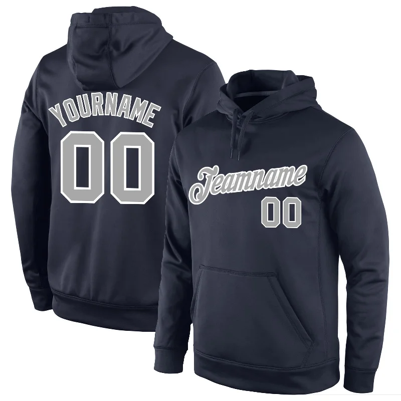 Custom Stitched Navy Gray-White Sports Pullover Sweatshirt Hoodie