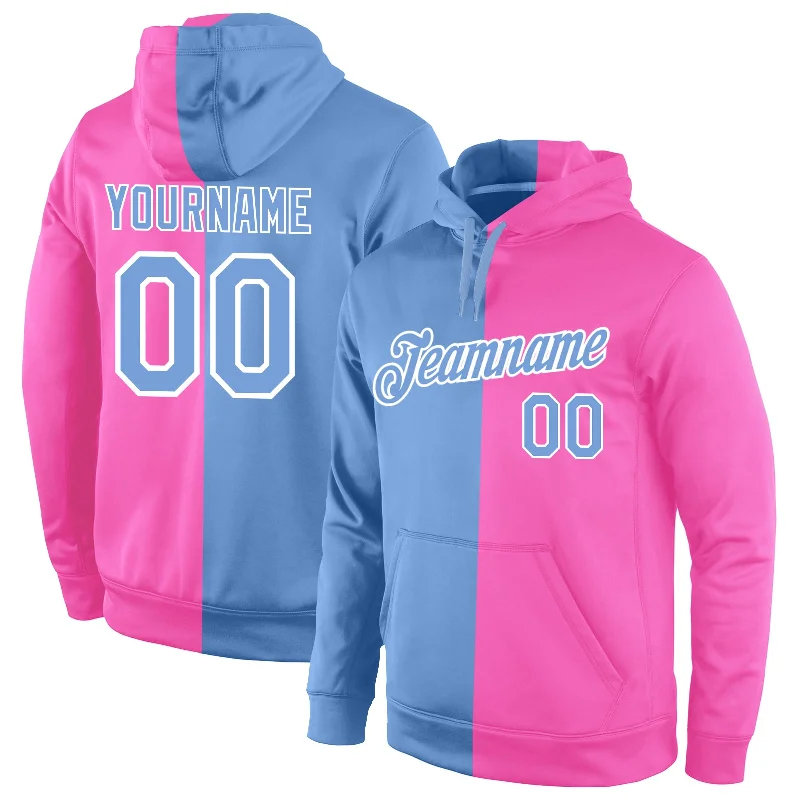 Custom Stitched Pink Light Blue-White Split Fashion Sports Pullover Sweatshirt Hoodie