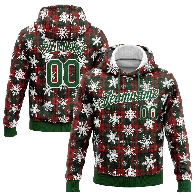 Custom Stitched Red Green-White 3D Christmas Plaid And Snow Sports Pullover Sweatshirt Hoodie