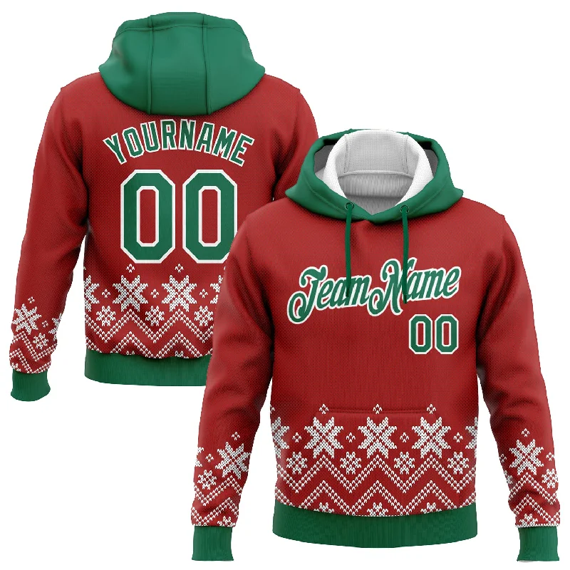 Custom Stitched Red Kelly Green-White Christmas Snowflakes 3D Sports Pullover Sweatshirt Hoodie