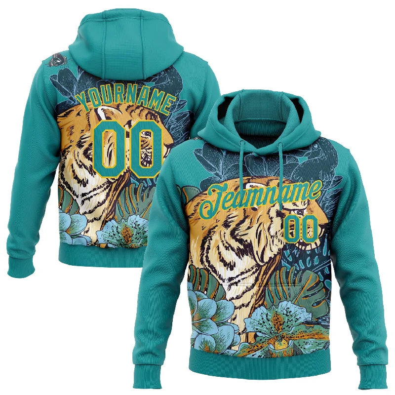 Custom Stitched Teal Yellow 3D Pattern Design Tiger And Flower Sports Pullover Sweatshirt Hoodie