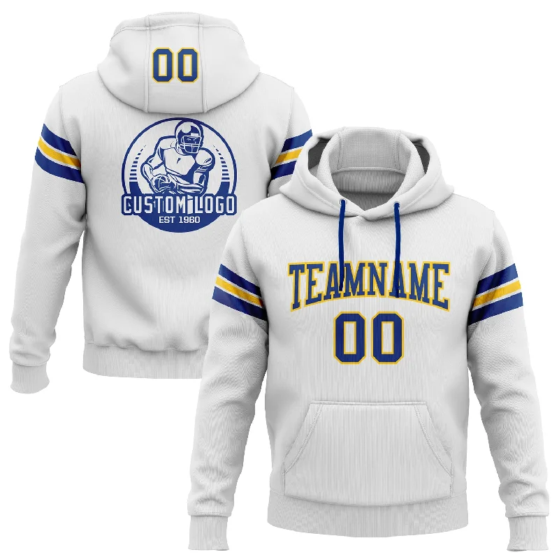 Custom Stitched White Royal-Yellow Football Pullover Sweatshirt Hoodie